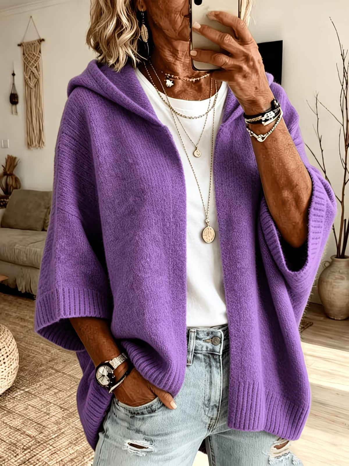 Women's Oversized Hooded Knit Cardigan, 3/4 Sleeve Open Front Loose Sweater Coat
