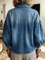 Women's Oversized Puff Sleeve Denim Jacket, Lapel Big Gold Button Casual Jean Coat