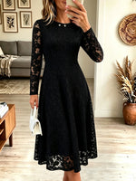 Women's Long Sleeve Full Lace Midi Dress, Round Neck A-Line Flowy Party Dress