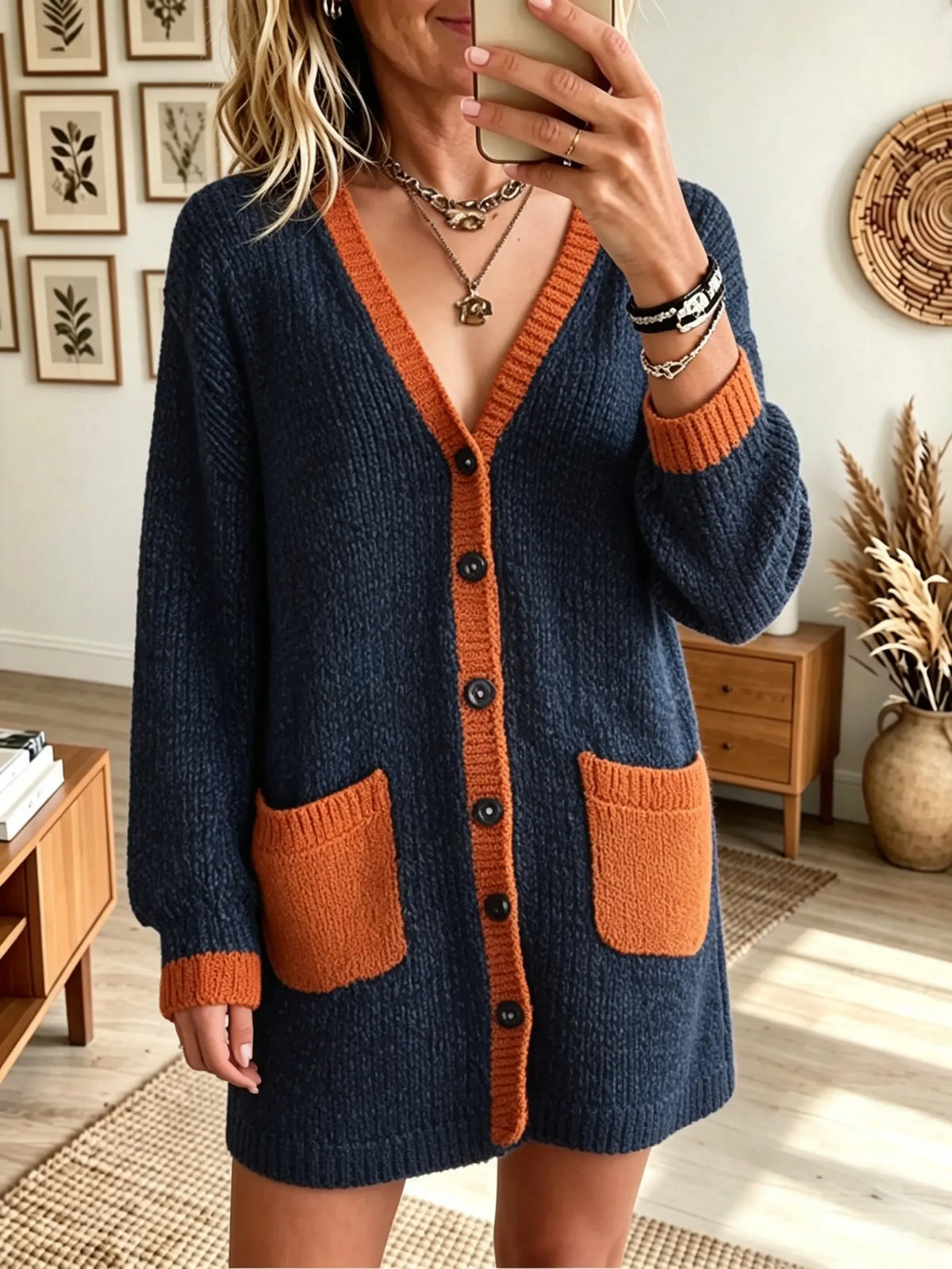 Women's Colorblock Trim Button-Down Knit Cardigan