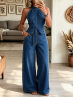 Women's Halter Neck Denim Jumpsuit, Tie Belt Wide Leg Sleeveless Casual Romper