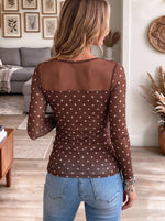 Women's Brown Polka Dot Sheer Mesh Long Sleeve Slim Fit Top