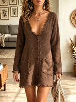 Women's Deep V-Neck Frayed Edge Linen Mini Shirt Dress