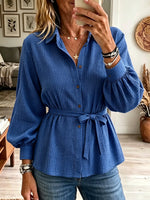 Women's Belted Waffle Knit Button-Down Tunic Shirt