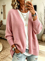 Women's Pink Chunky Knit Open Cardigan, Oversized Button Front Loose Long Sleeve Sweater Coat