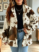 Retro Cow Pattern Fuzzy Warm Fleece Art Casual Stylish Long Sleeve Coat