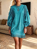 Vintage Elegant Suede Patchwork Tassels Dress