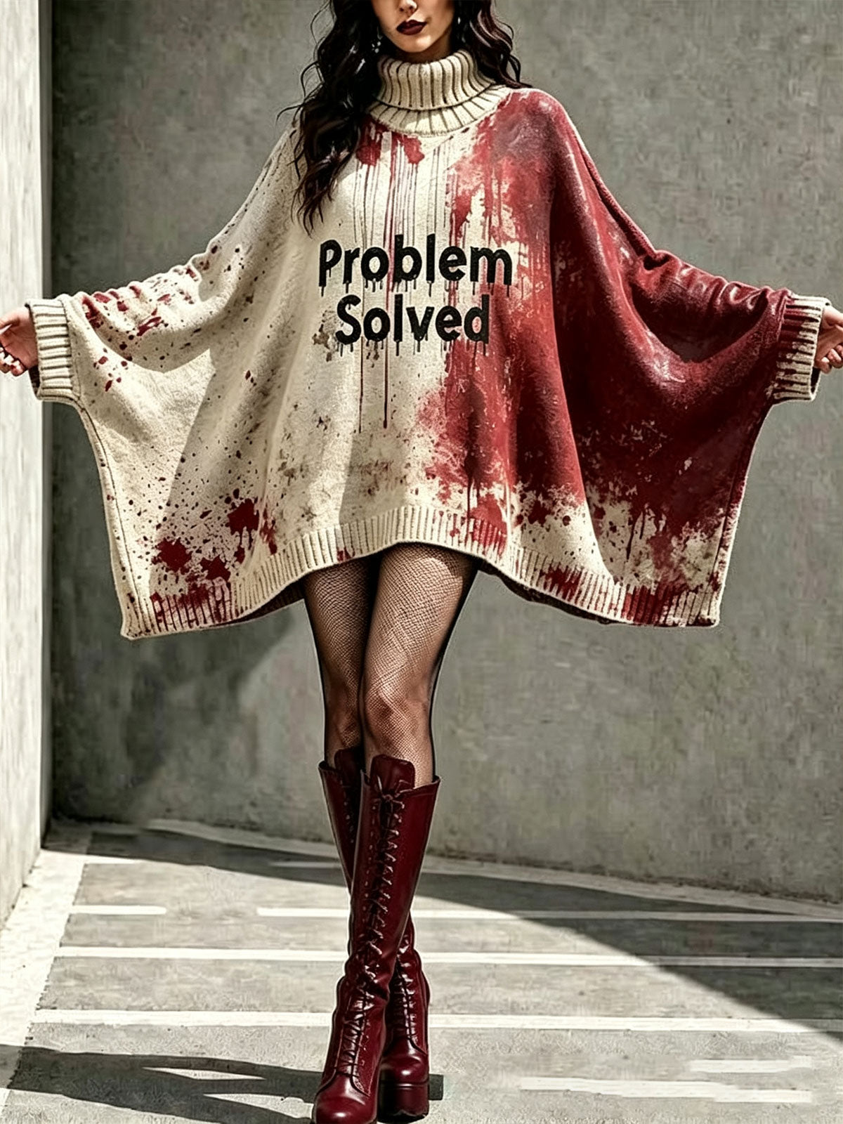 Women Halloween Blood Splatter Print Turtleneck Poncho Sweater