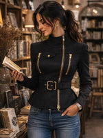Women's Zipper Belted Waist Long Sleeve Slim Fitted Moto Coat