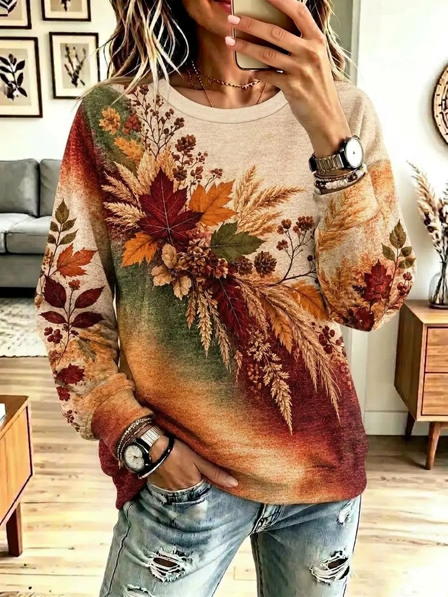 Vintage Autumn Leaf Pattern Art Casual Stylish Long Sleeve Sweatshirt