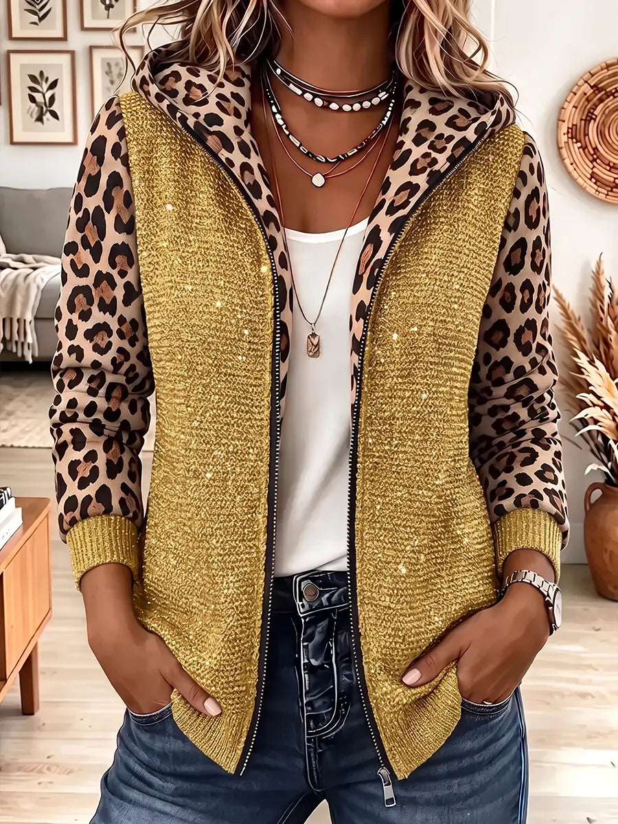 Vintage Elegant Leopard Print Patchwork Sparkly Knit Jacket