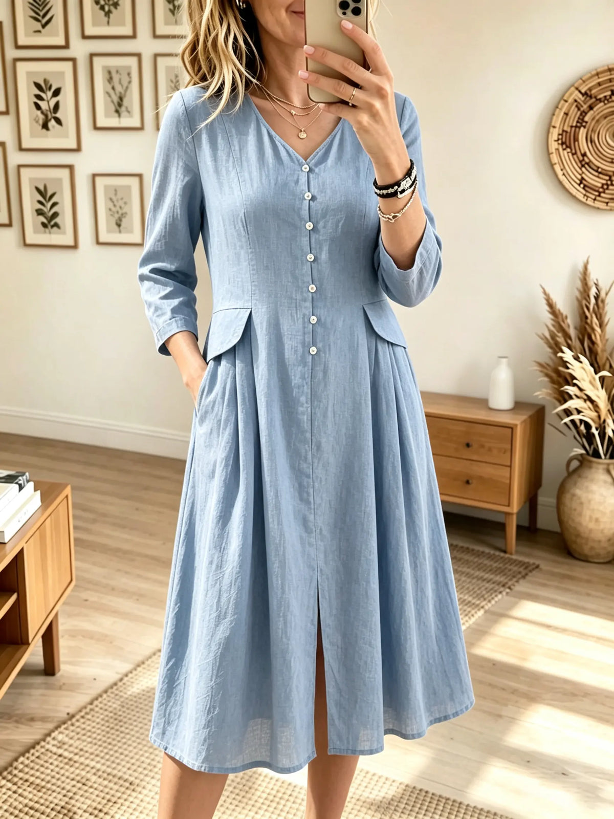 Women's V-Neck Button-Down Flap Pocket Linen Midi Dress