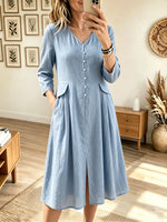 Women's V-Neck Button-Down Flap Pocket Linen Midi Dress