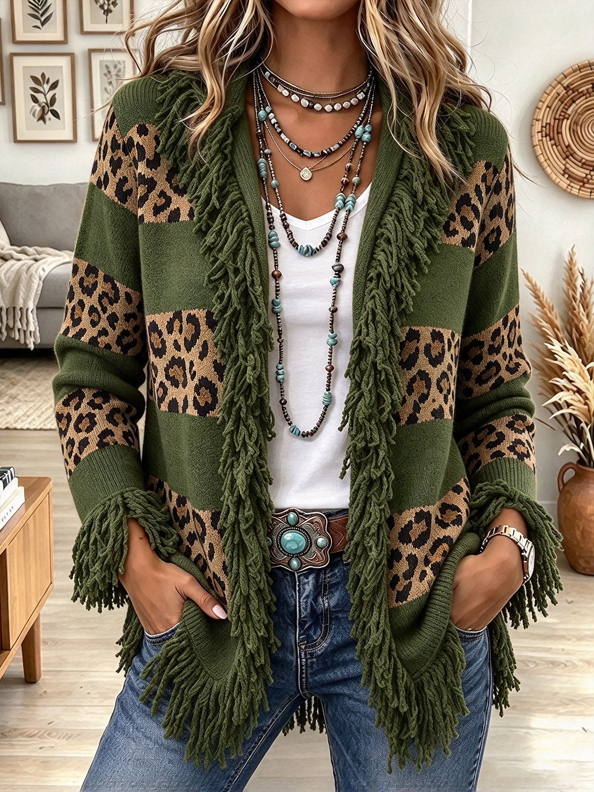 Women's Olive Green and Leopard Print Colorblock Cardigan with Fringe Trim