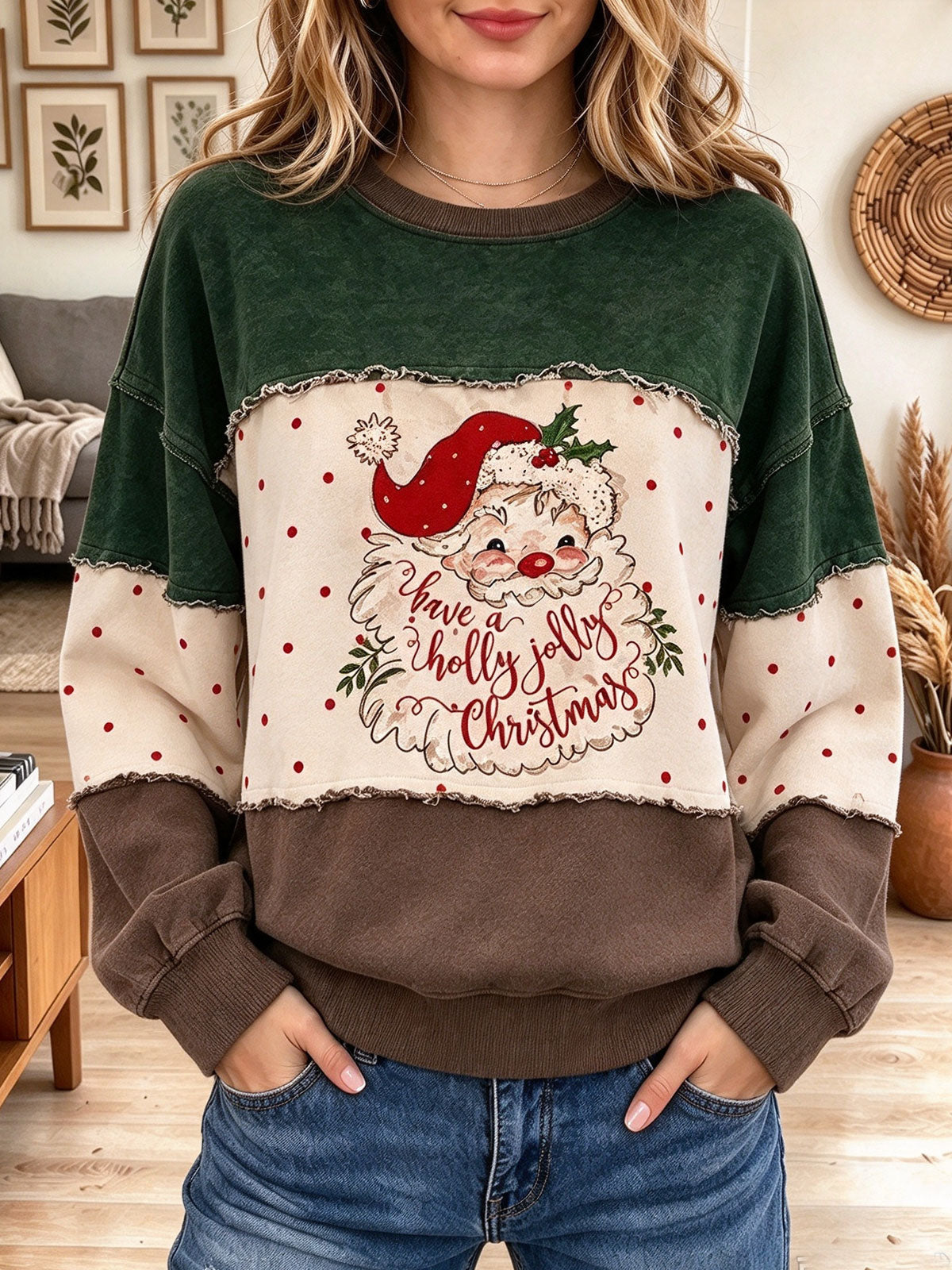 Women's Christmas Santa Graphic Colorblock Sweatshirt with Raw Edges