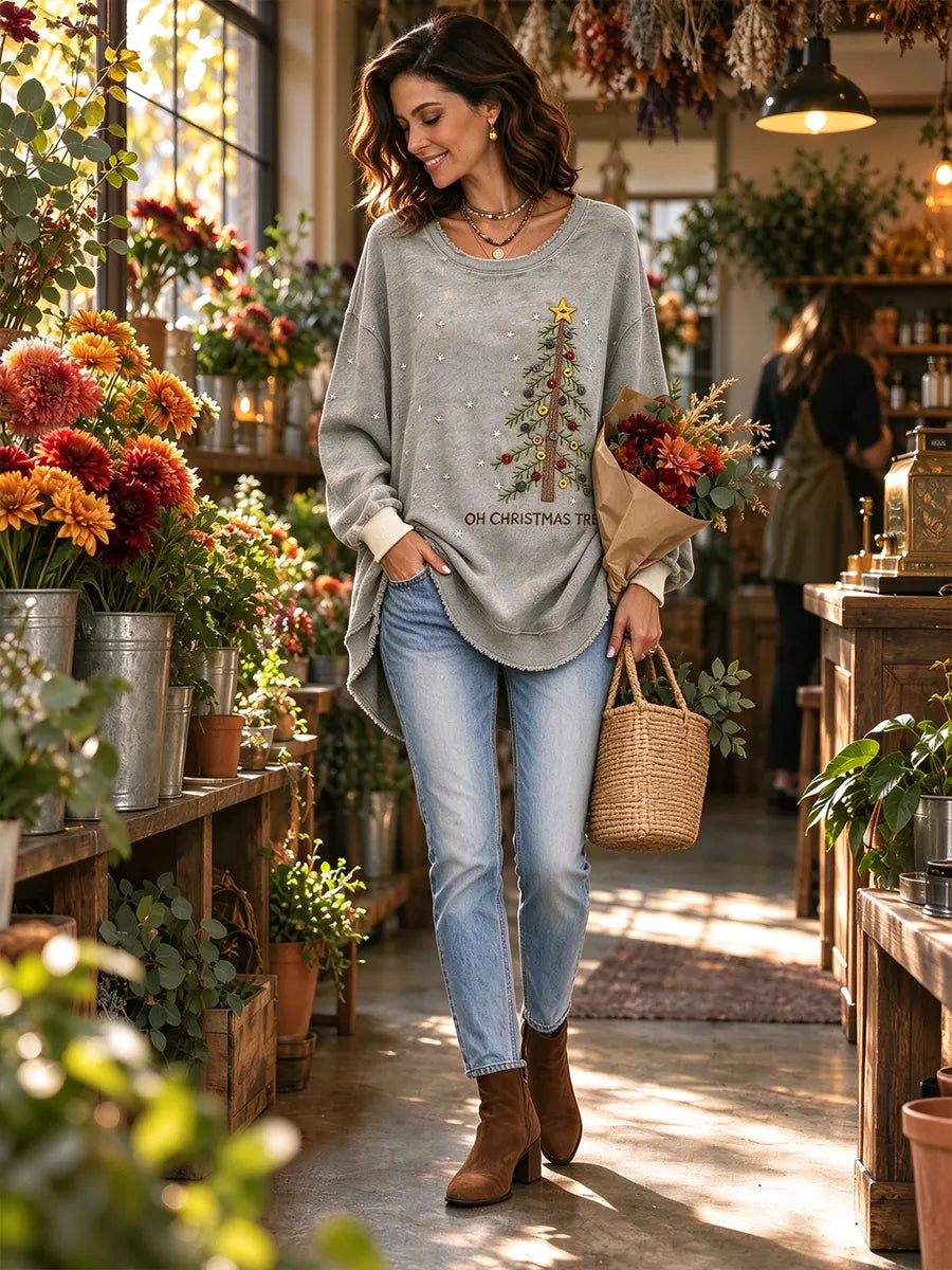 Women's Vintage Christmas Tree Print Crewneck Sweatshirt