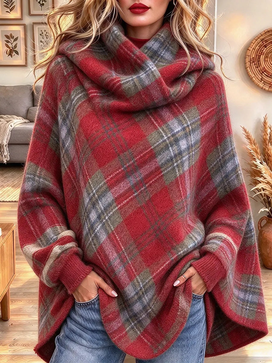 Women's Retro Red Plaid Print Long Sleeved Top