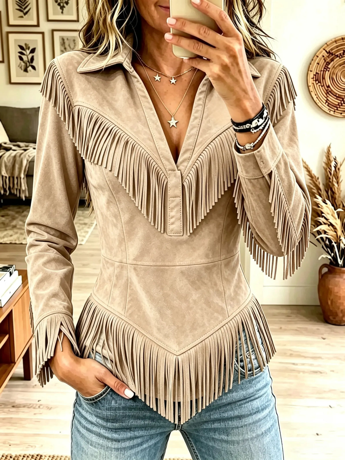 Women's Western Fringe Suede Pointed Hem Top