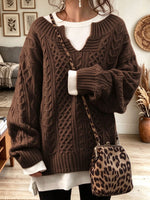 Women's Brown V-neck Cable Knit Oversized Pullover Sweater