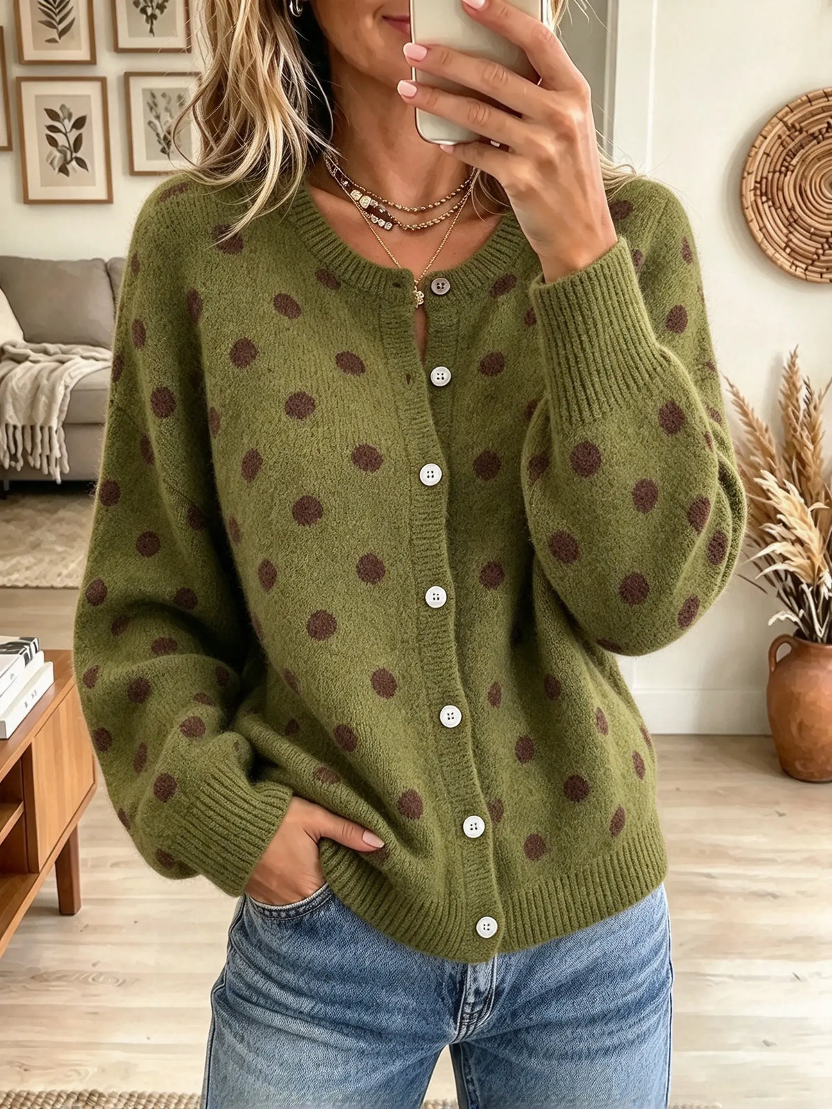 Women's Polka Dot Crewneck Cardigan