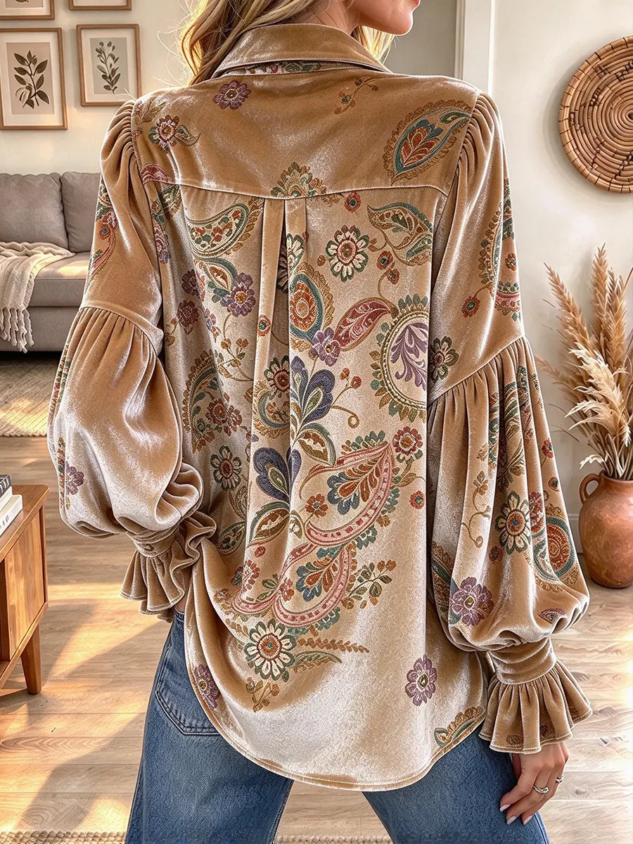 Women's Vintage Paisley Floral Velvet Button Down Shirt