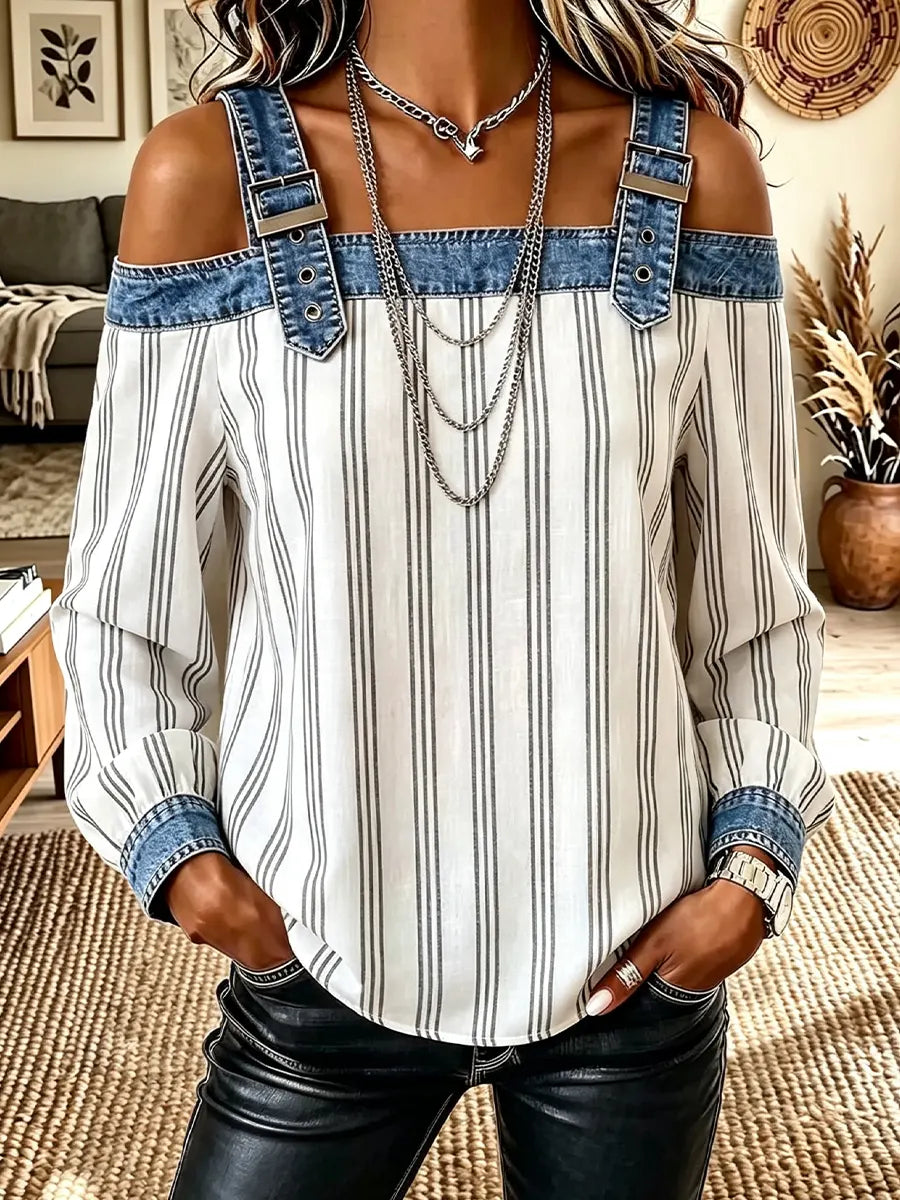 Women's Adjustable Strap Striped Long Sleeve Loose Casual Shirt