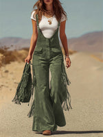 Women Brown Corduroy Fringe Flare Overalls Jumpsuit