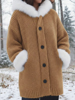 Women Blue Chunky Knit Cardigan With White Faux Fur Collar & Cuffs