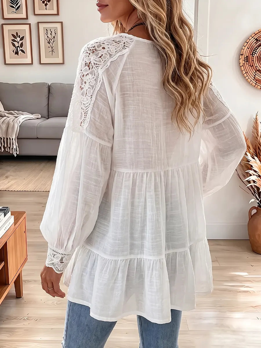 Vintage Elegant Cotton-linen Patchwork Lace Shirt