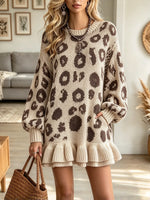 Women's Leopard Ruffle Hem Sweater Dress