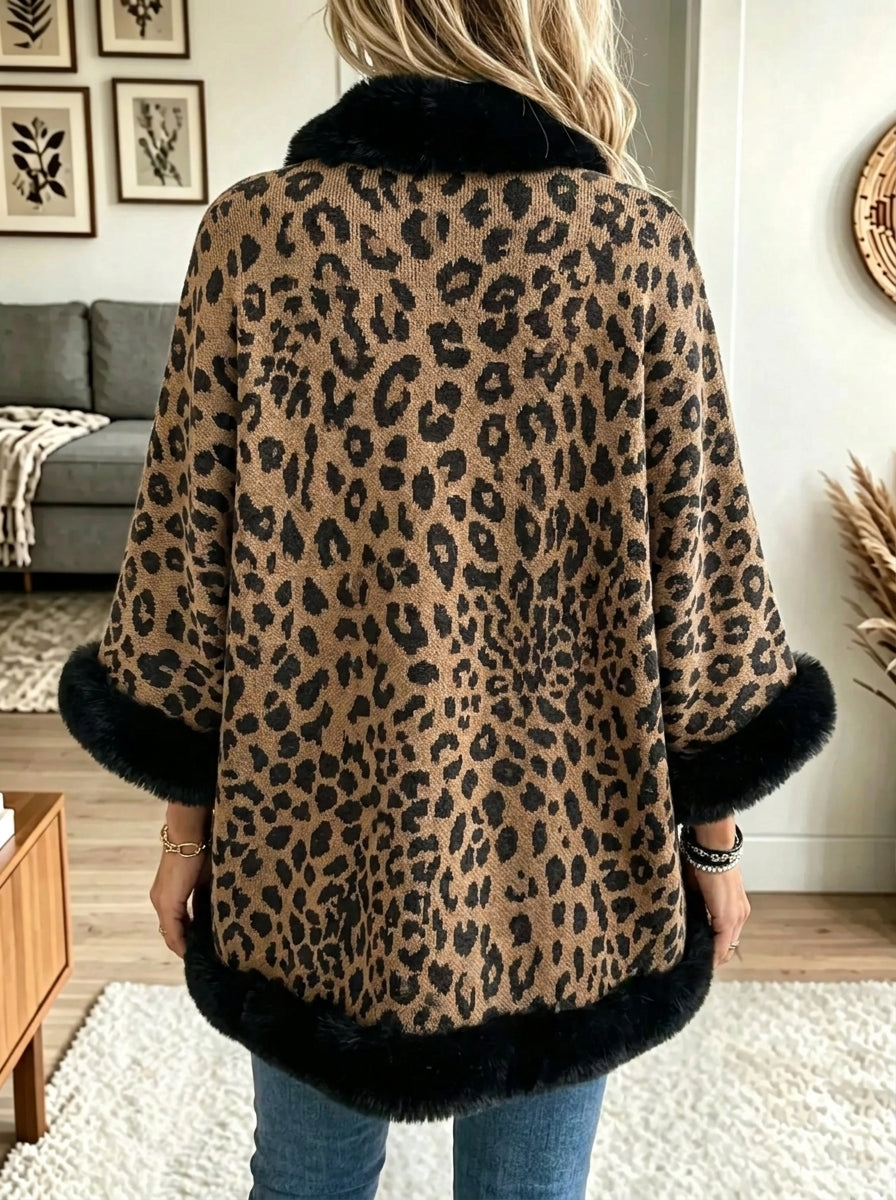 Women's Leopard Print Faux Fur Trim Cape Cardigan