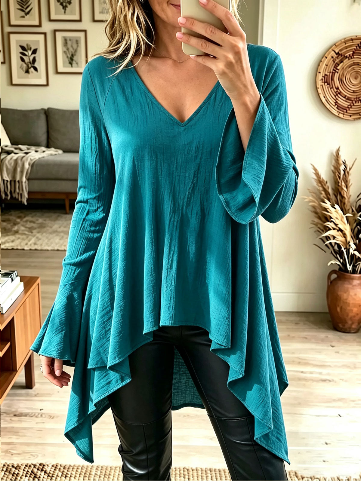 Women's V Neck Flared Sleeve Knit Top, Asymmetric Hem Casual Long Sleeve Blouse