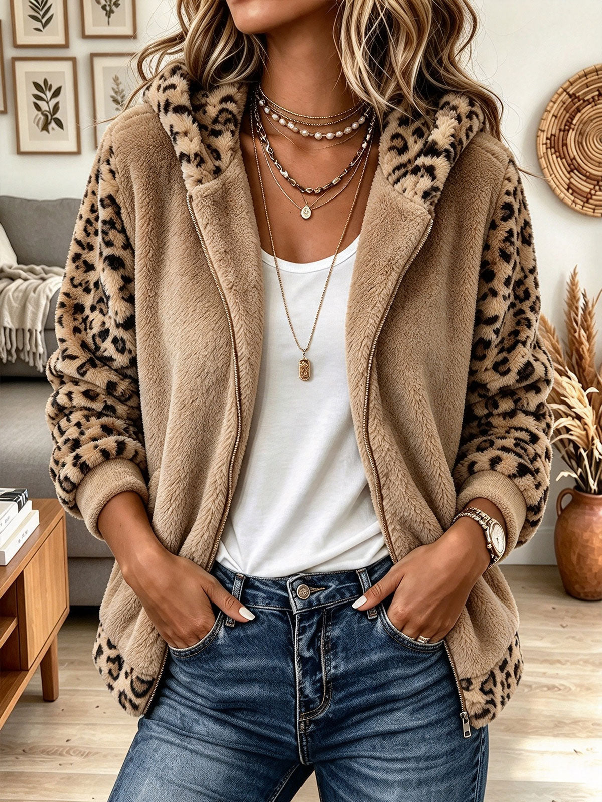 Women's Beige Fuzzy Faux Shearling Zip-Up Hoodie with Leopard Print Trim