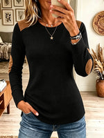 Women's Suede Patchwork Waffle Knit Long-Sleeve Top