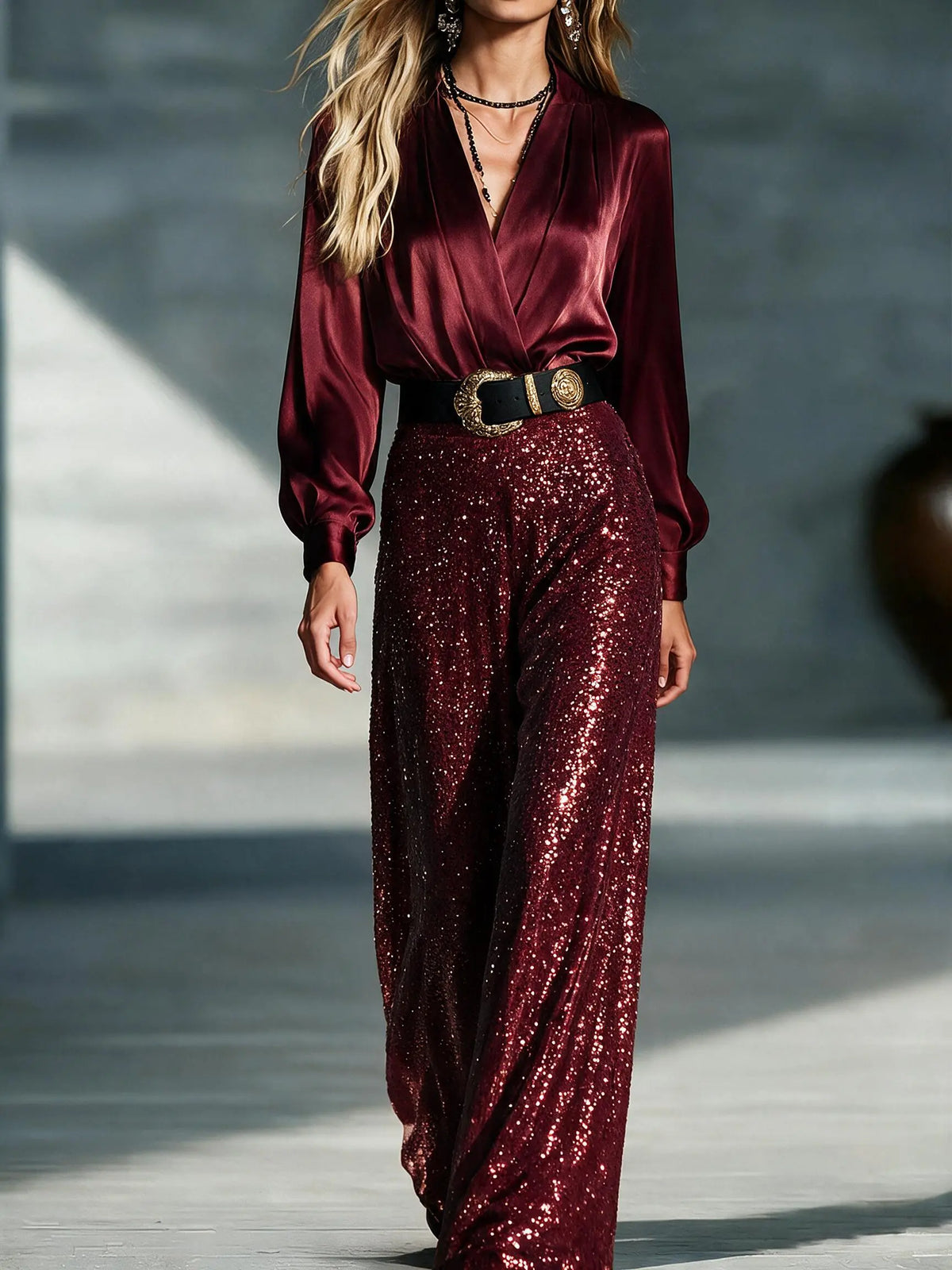 Glamorous V-Neck Long Sleeve Sequin Jumpsuit with Belt
