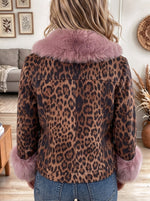 Women's Leopard Print Winter Coat with Pink Fux Fur Collar and Cuffs