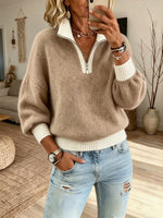 Women Solid Color Block Half Zip Collar Knit Sweater