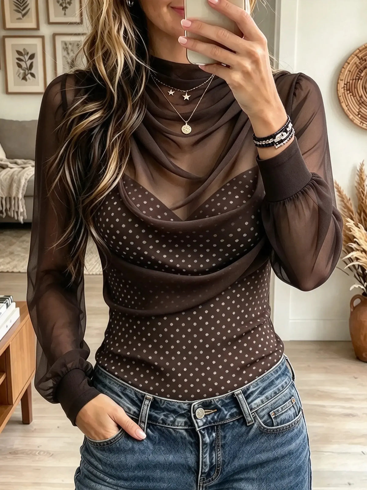 Women's Mesh Polka Dot Cowl Neck Top