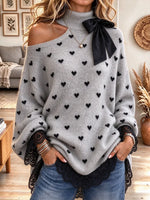 Women's Elegant Heart Print One-shoulder High-neck Bow Lace Sweater