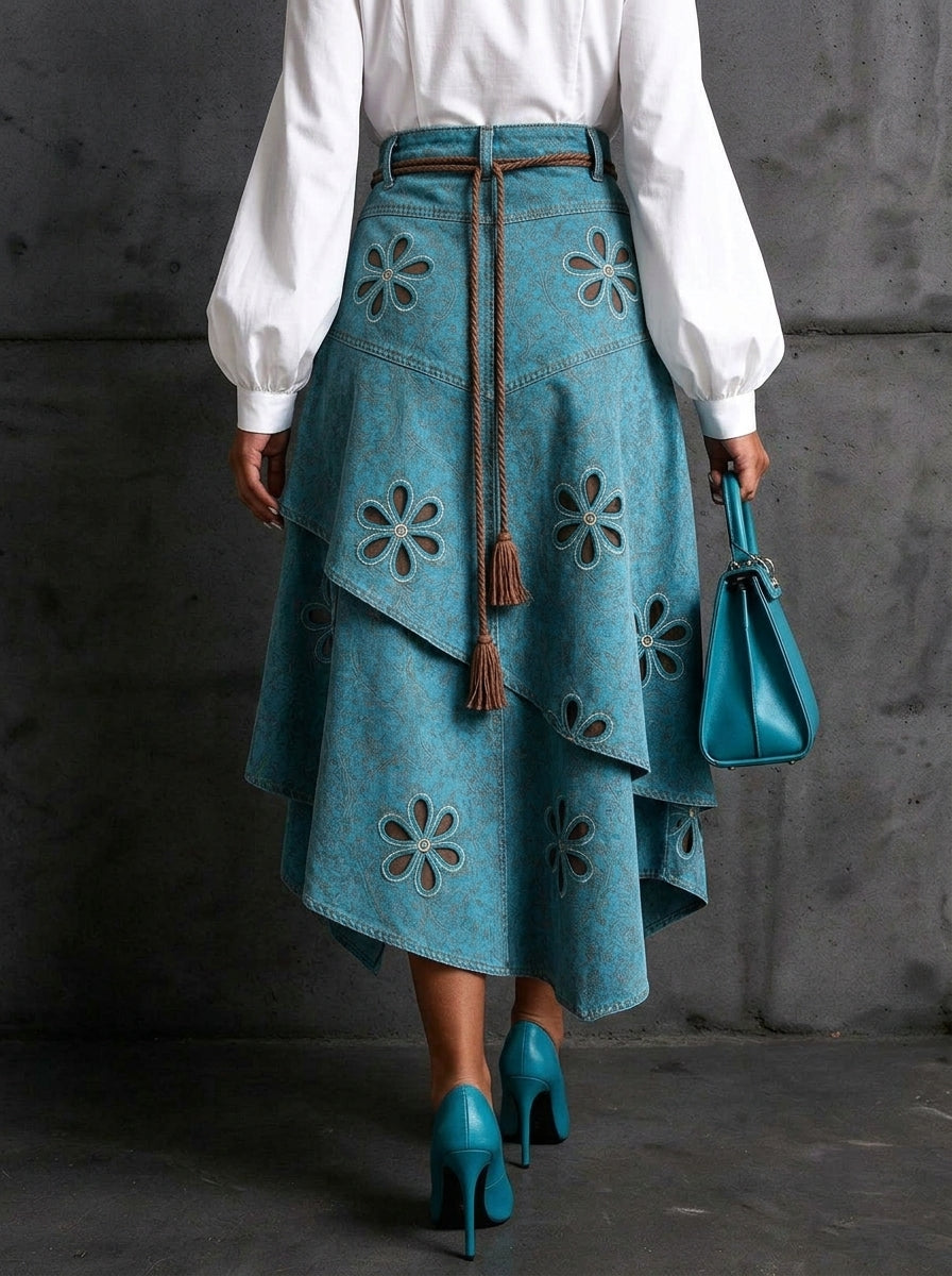Women Teal Denim Hollow Floral Embroidery Asymmetrical Ruffle Midi Skirt