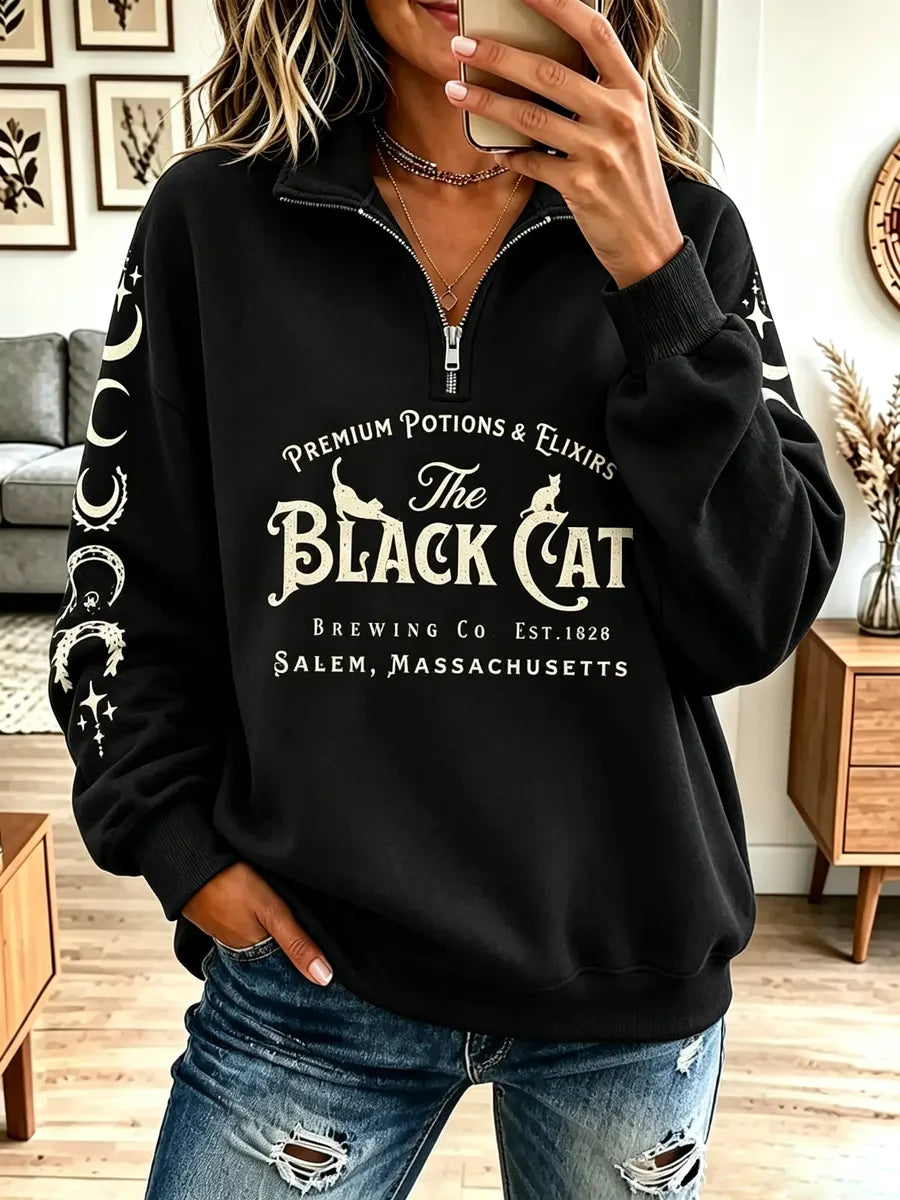 Vintage Halloween Cat Pattern Art Casual Stylish Long Sleeve Sweatshirt