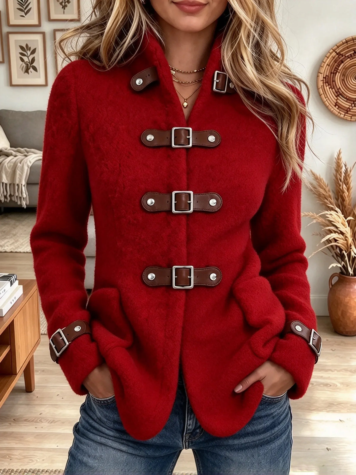 Women's Buckle Strap Woolen Coat