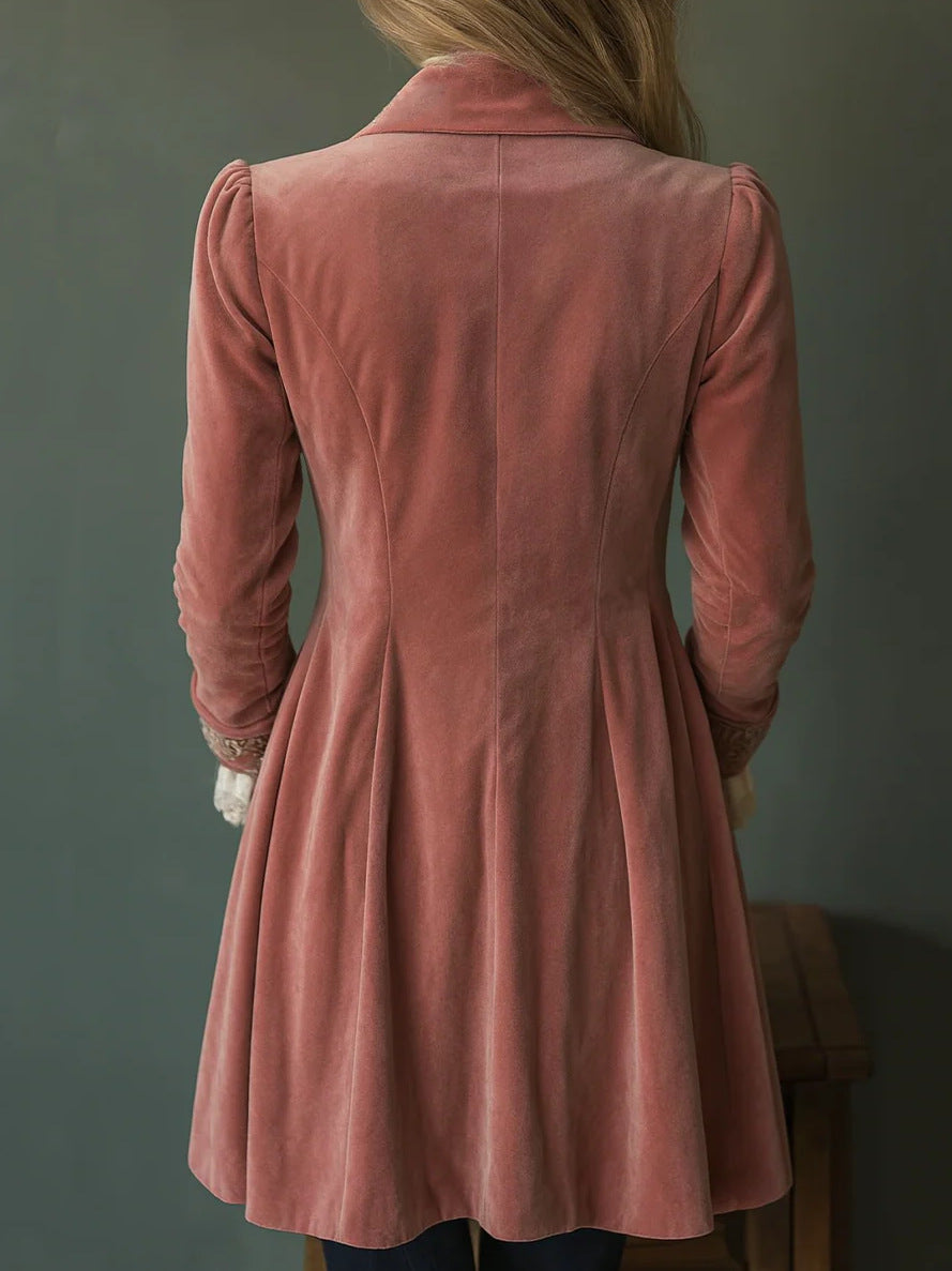 Women Dusty Pink Velvet Embroidered Victorian Long Coat