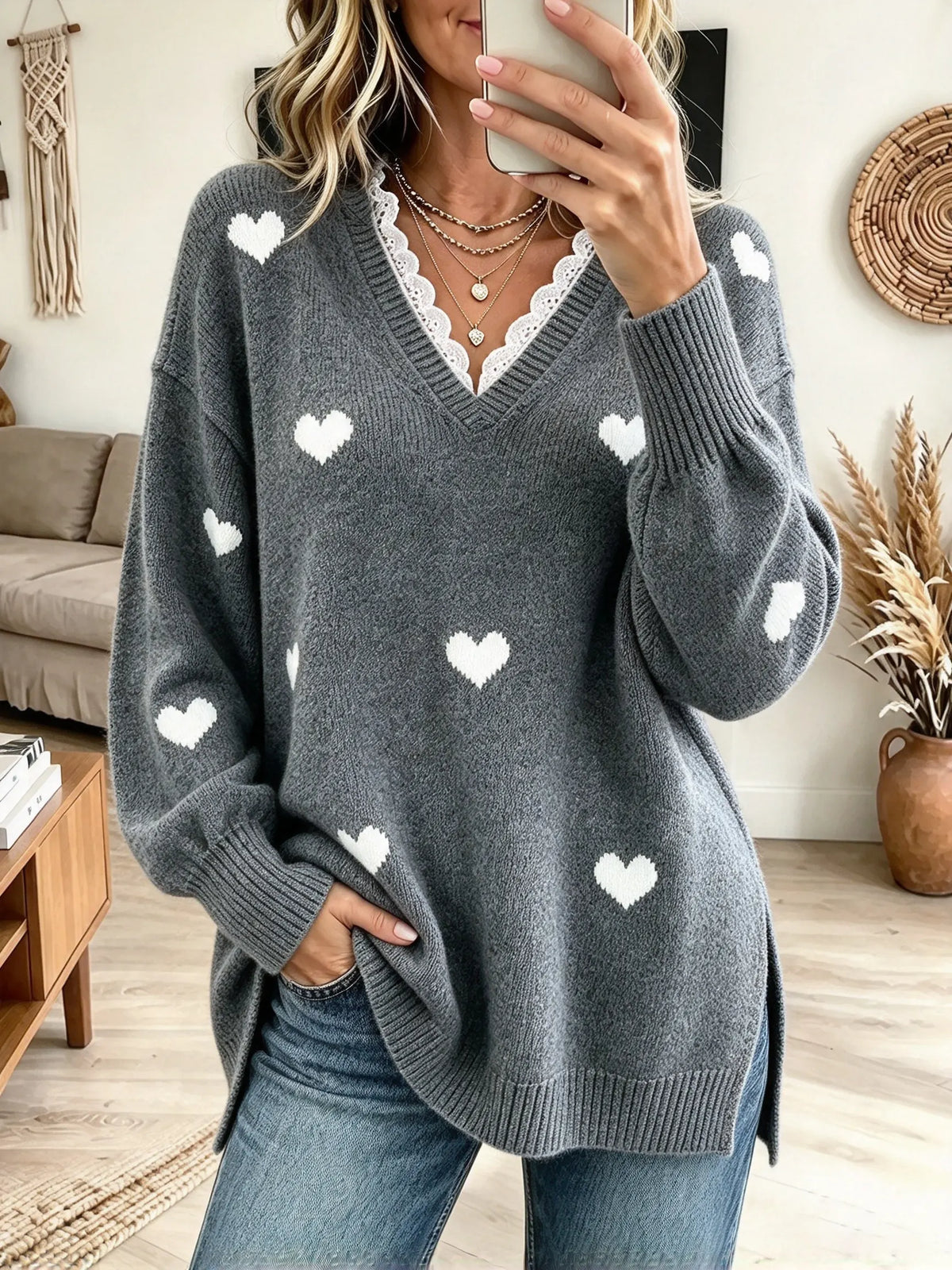 Women's Heart Print V-Neck Slouchy Sweater