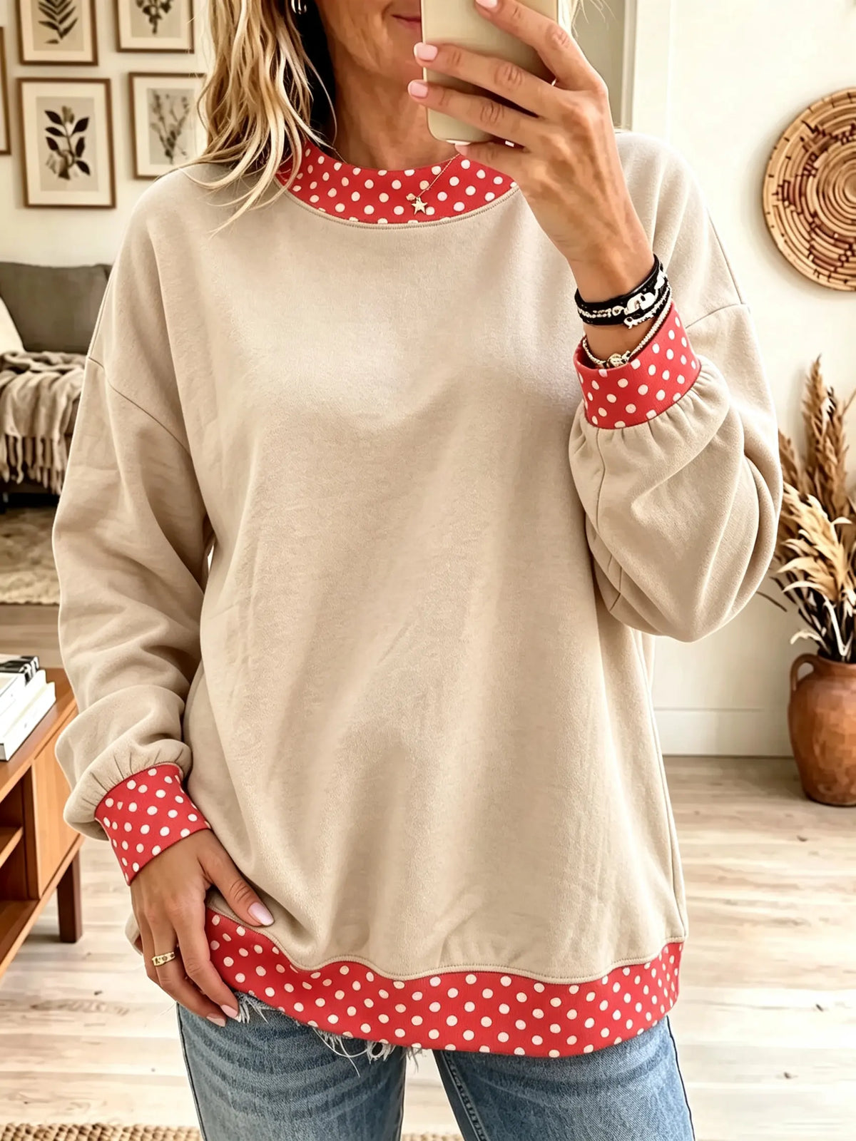 Women's Polka Dot Contrast Trim Crewneck Sweatshirt