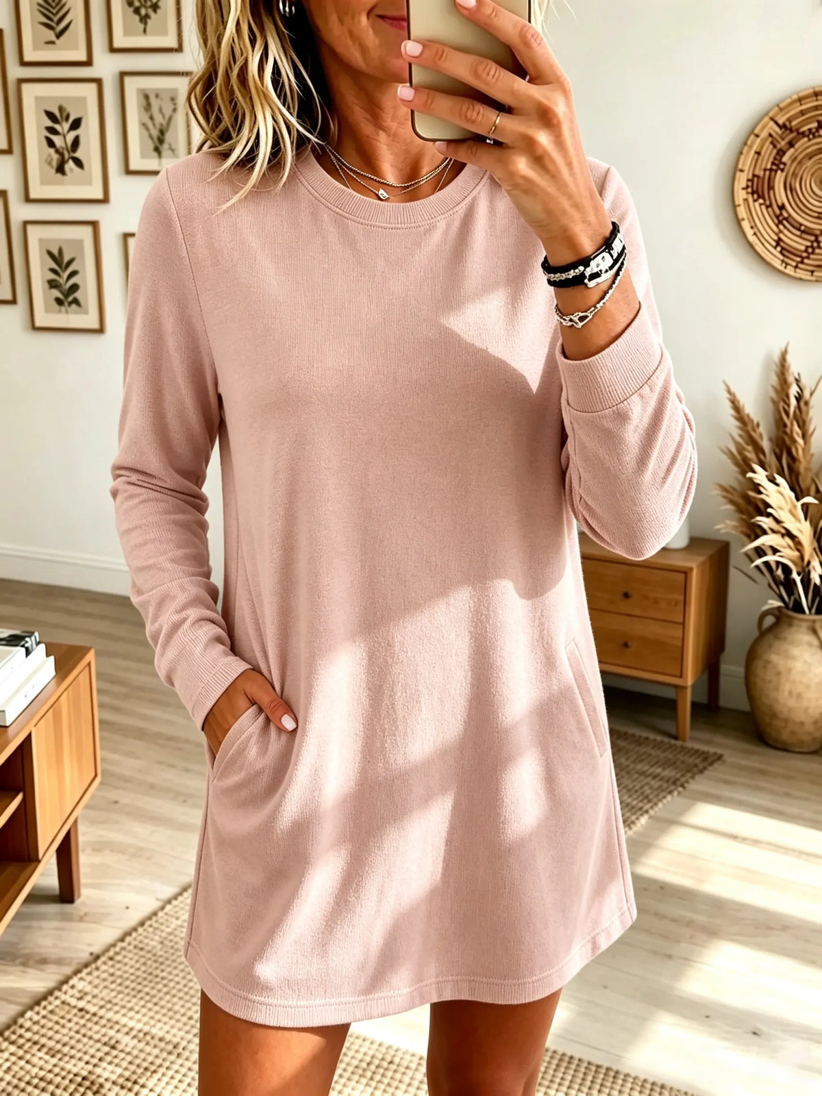 Women's Long-Sleeve Crewneck Fleece Tunic Sweatshirt Dress