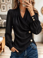 Women's White Draped Asymmetric Button Down Chiffon Blouse with Pearl Accents