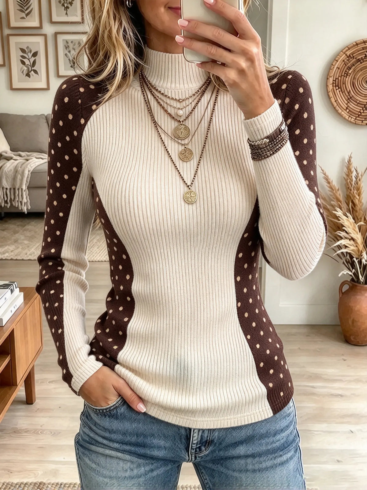 Women's Polka Dot Colorblock Turtleneck Top
