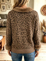 Women's Leopard Knit Faux Fur Trim Polo Sweater