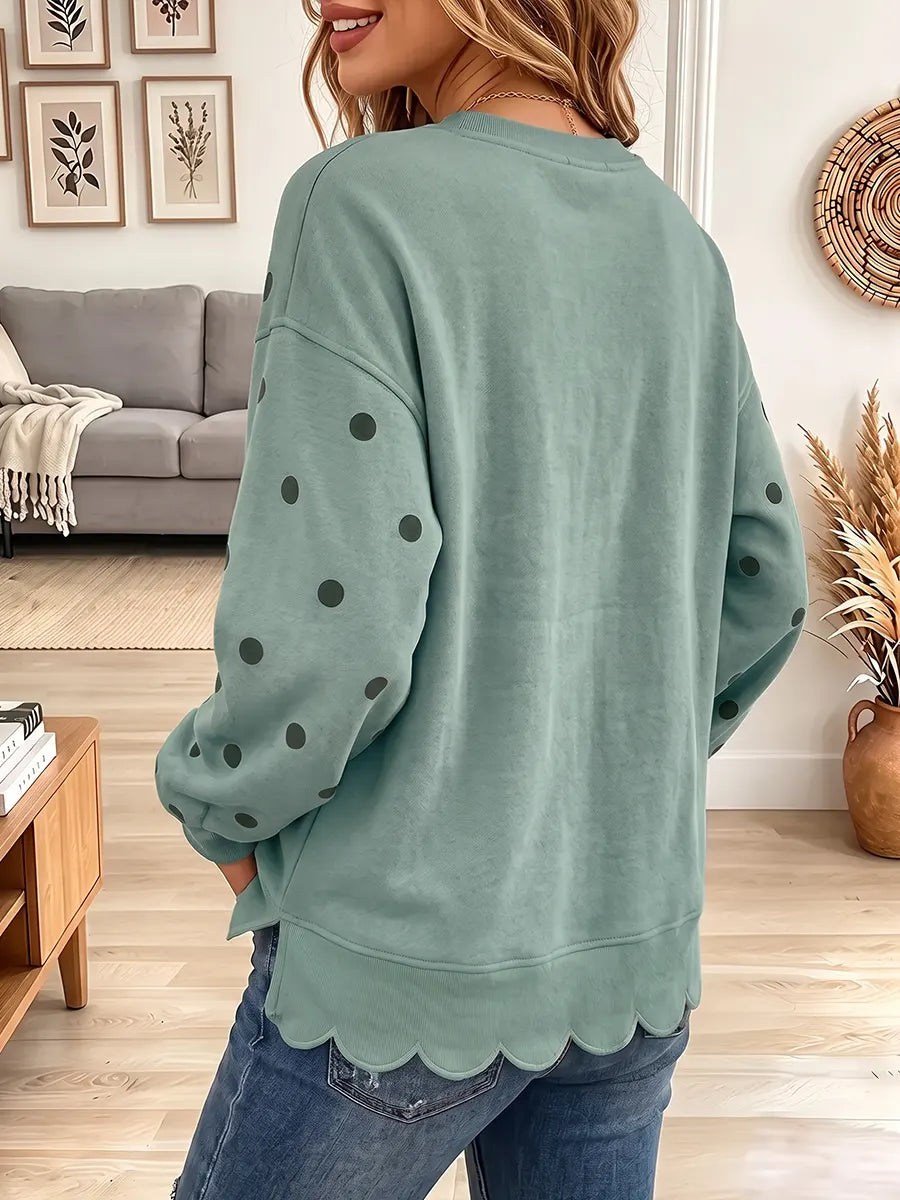 Vintage Elegant Polka-dot Wavy-edged Trim Sweatshirt